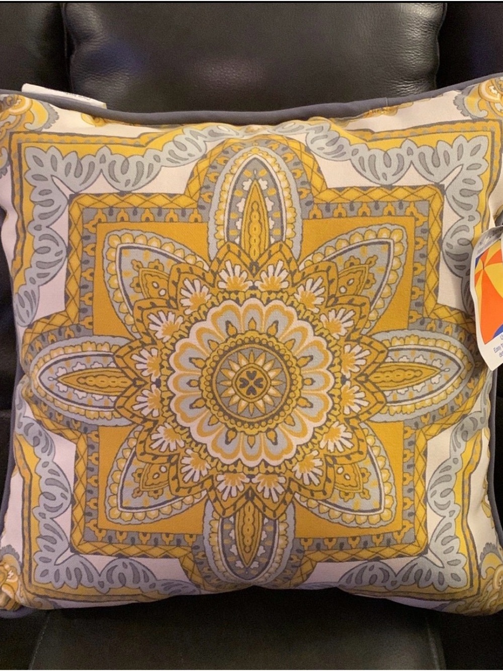 NWT! Pillow Perfect Indoor/Outdoor Pillow Cassia Yellow/Gray mandala medallion
